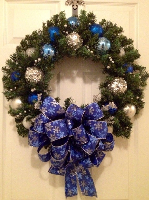 Silver and Blue Christmas wreath by Enywear on Etsy