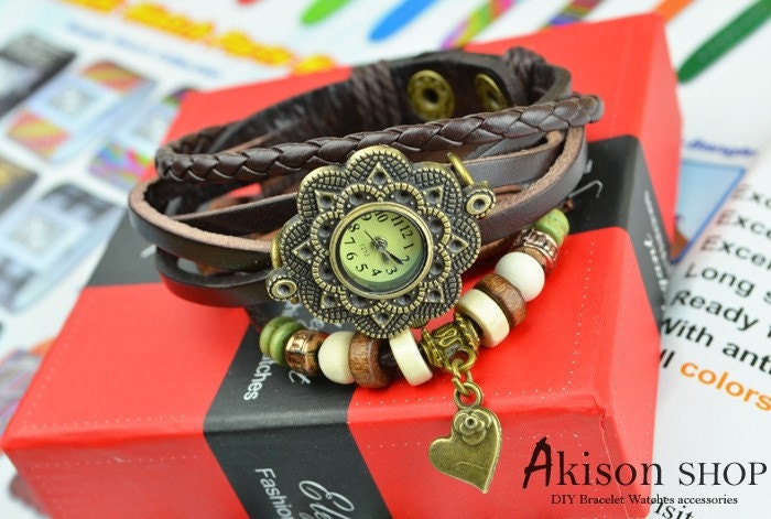 Women Vintage Leather Quartz Wrist Watch Flower Heart Pendent Bracelet Watches S021