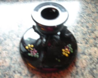 Black Glass Candle Holder with Hand Painted flowers