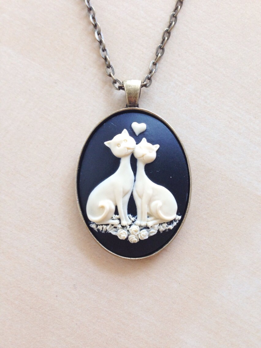 Kitty Cat Cameo Necklace Antique Bronze Pendant Black