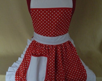 Retro Vintage 50s Style Full Apron / Pinny - Red & White Polka Dot with White Trim