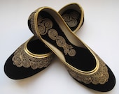 Black Flats/Gold Shoes/Ethnic Shoes/Velvet Shoes/Handmade Indian Designer Women Shoes or Slippers/Maharaja Style Women Jooties