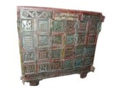 Antique Tribal India Animal Carved Wine Chest Sideboard Manjoosh on wheels Rustic Red Green Patina Sideboard