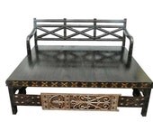Indian Oxcart Daybed Hand made Dark wood Rustic  Hand Carved Diwan with brass accents, antique wrought iron posts