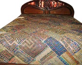 Indian Bed Cover Vintage Beaded Throw Hnadmade Kuch Embroidered Coverlet