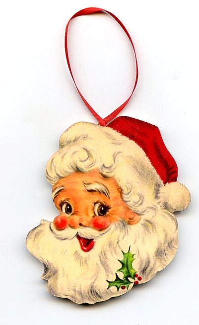 Christmas jolly happy Santa claus w. holly handmade wood tree decoration ornament vintage style