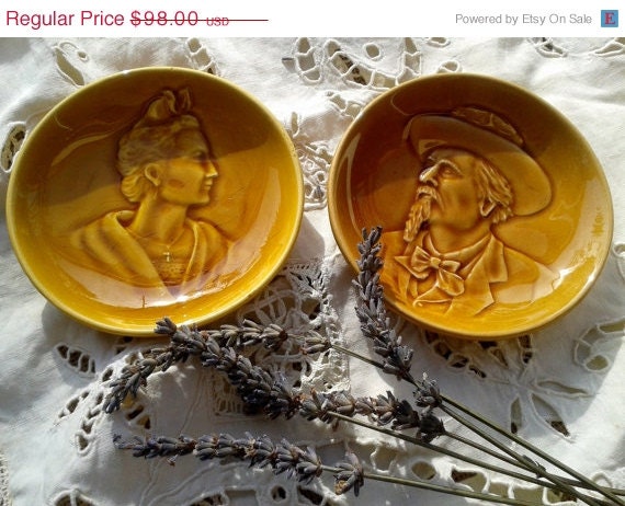 ON SALE 2 Art Ceramic Dishes - Orche Yellow Trays - Folk French Provence Couple Faces- Woman & Man - Signed and Dated  - Vintage 70's