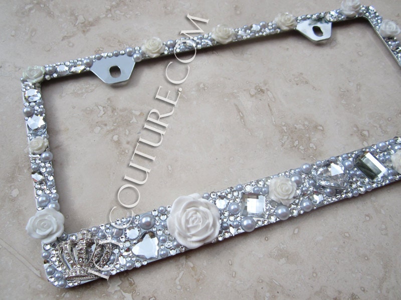 3D White Roses & 2 Crowns Crystal Bling License Plate Frame