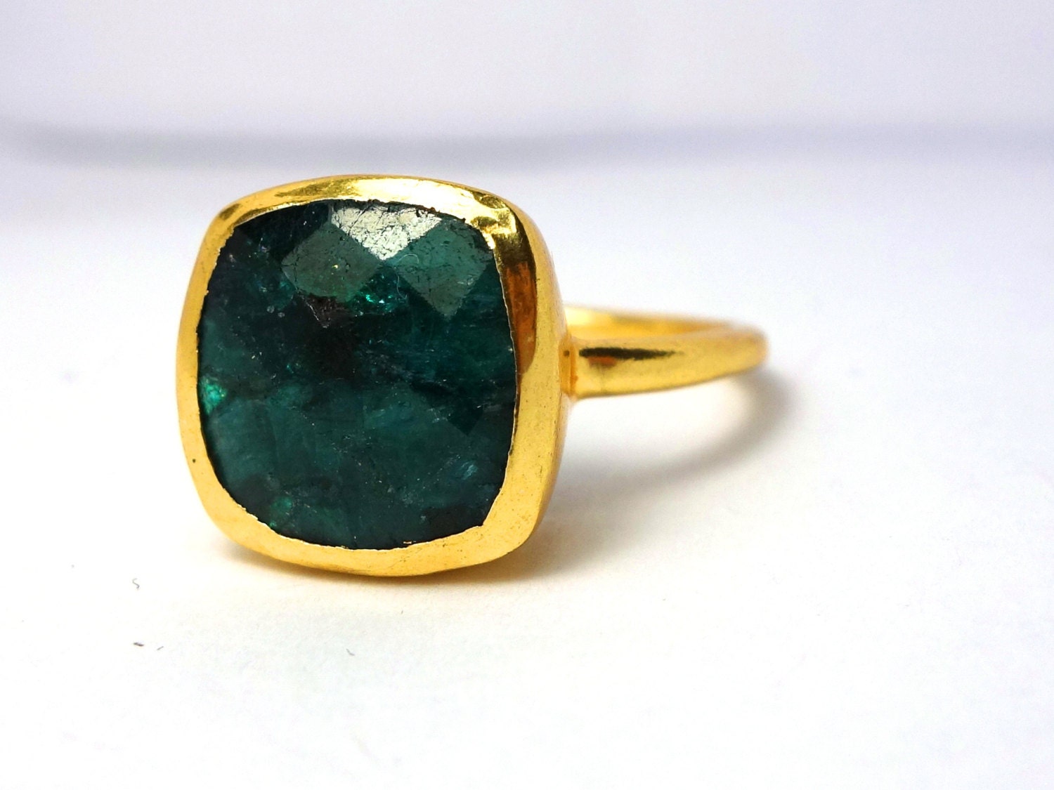 Vermeil Bezel Set Emerald Gemstone Cocktail Ring SIZE 6