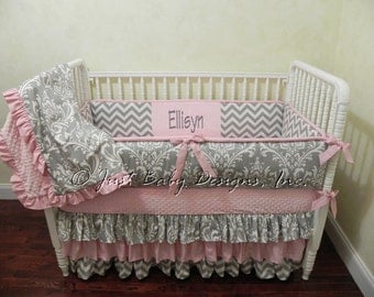 Custom Baby Girl Bedding Set Ellisyn - Girl Crib Bedding, Pink and Gray Crib Bedding, Ruffle Crib Bedding