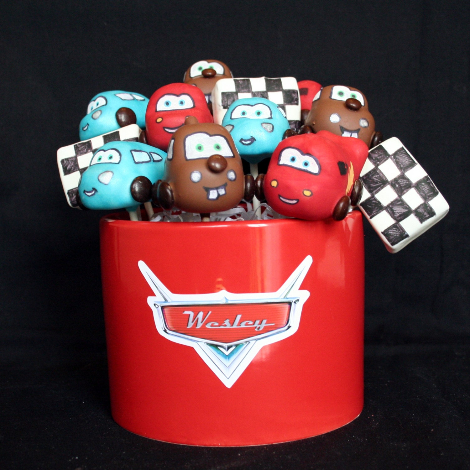 12 Race Car Cake Pops with Checkered Race Flags by