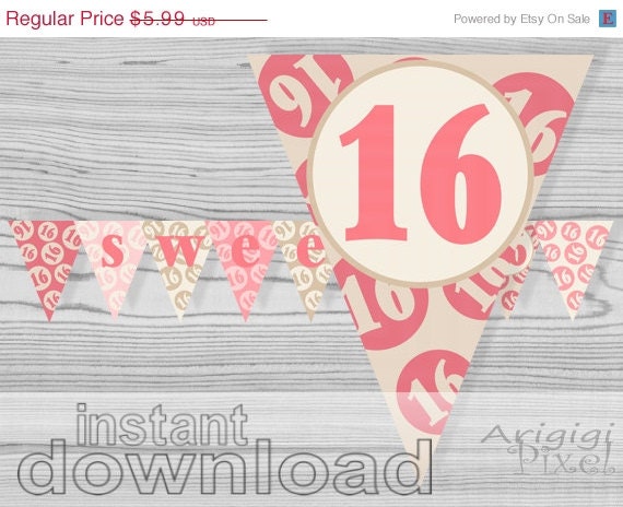 WEEKEND SALE 50% OFF Sweet 16 printable banner, quinceanera, pink, cream, birthday party decoration, sweet sixteen, girly 16th birthday, Pdf Il_570xn