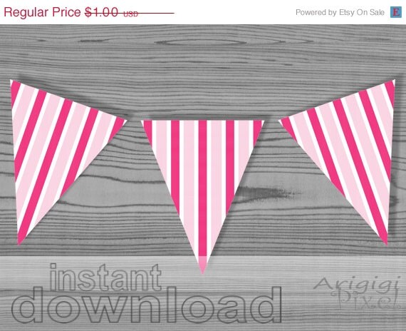 WEEKEND SALE 50% OFF pink striped party banner, printable, Diy party decoration, print and cut party pennant, summer colors Il_570xn