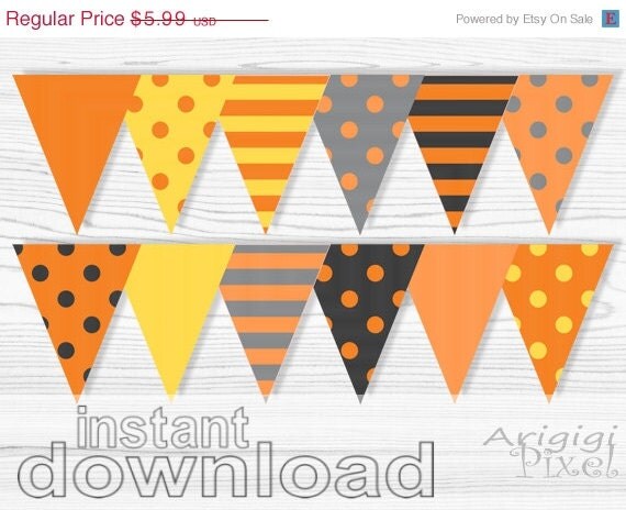 ON SALE 50 % OFF Halloween Printable Banner, Polka Dot, striped pennant, orange and gray, party bunting banner, instant digital download Il_570xn