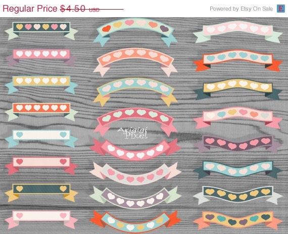 ON SALE 50 % OFF retro ribbon banner clip art set, decorative, hearts, Valentine, wedding, candy colors, for card, invitation, scrapbooking, Il_570xn