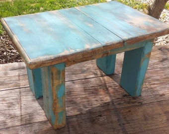 Unique Primtiques Indoor Outdoor Small Garden Porch Flower Reclaimed Wood Bench Primitive Distressed Blue 11.5x17x10.5h Custom Colors Sizes