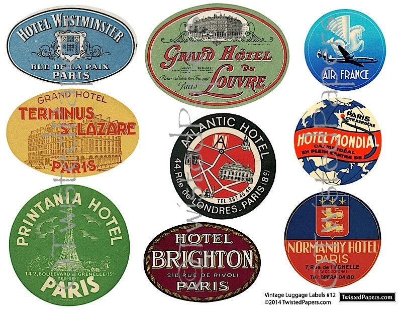 9 large luggage labels vintage paris french travel luggage