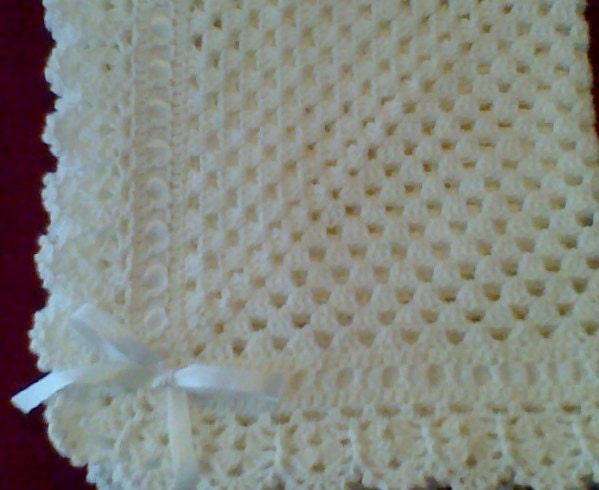 Crocheted White Christening Baptism Baby Blanket Afghan