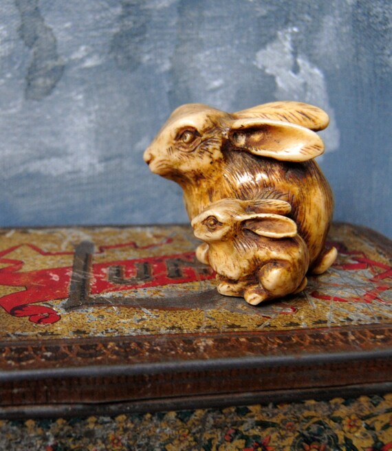 Vintage Rabbit With Baby Bunny  Figurine Mother and Baby