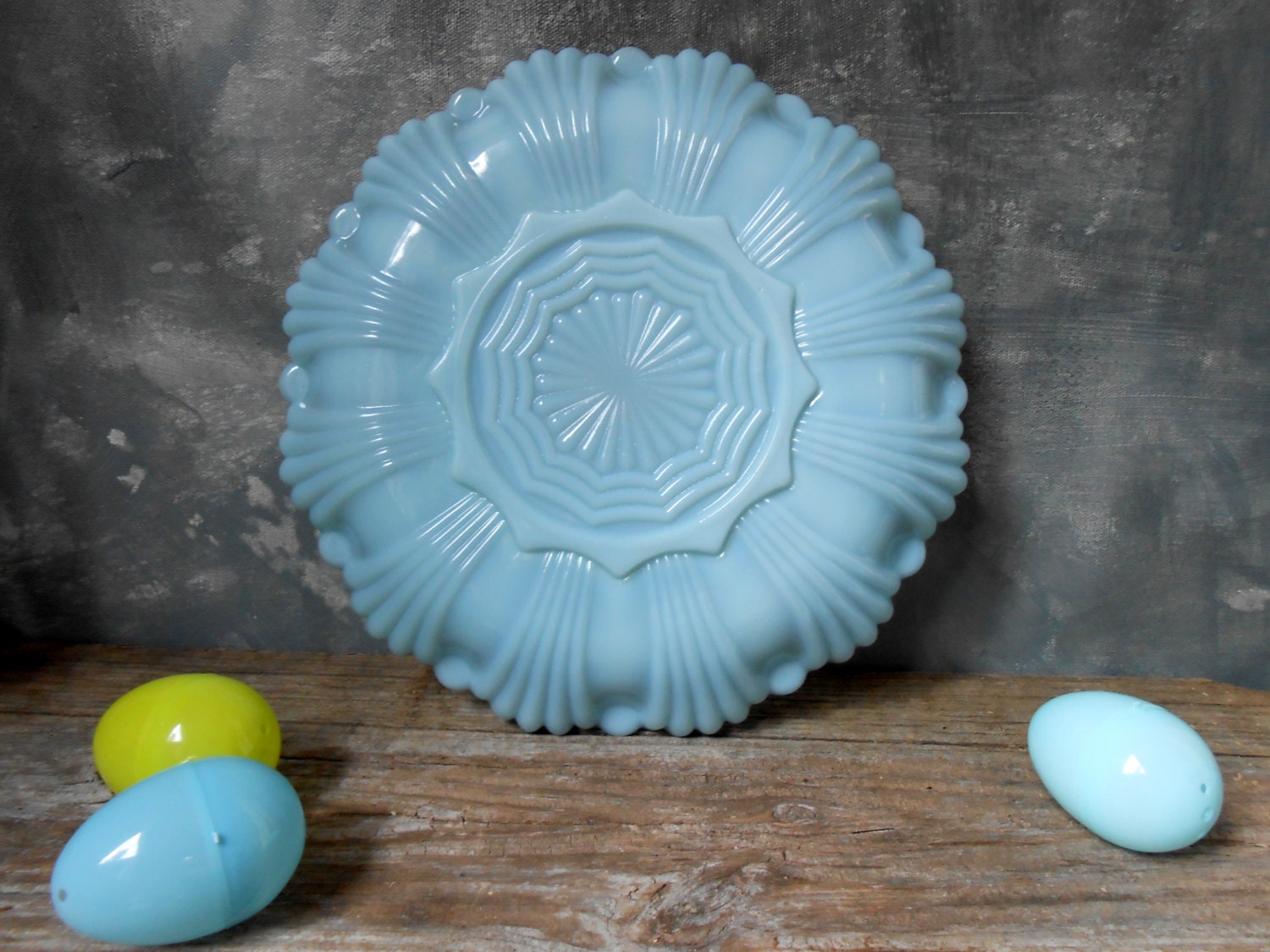 Vintage Blue Milk Glass Deviled Egg Plate Pressed Milk by Untried