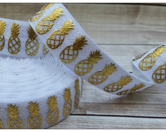 5/8 WHITE Pineapple Gold Foil Fold Over Elastic