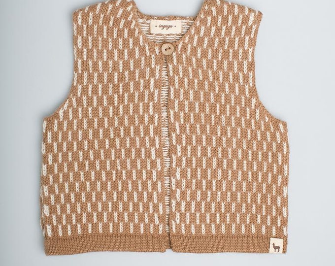 Dash pattern vest / Baby alpaca wool vest / camel / brown / white / jacquard pattern vest / children / girl / boy / toddler / baby top