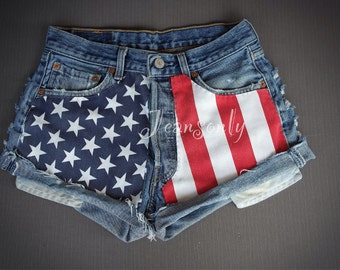 Levis High waisted denim shorts USA american flag Red by Jeansonly