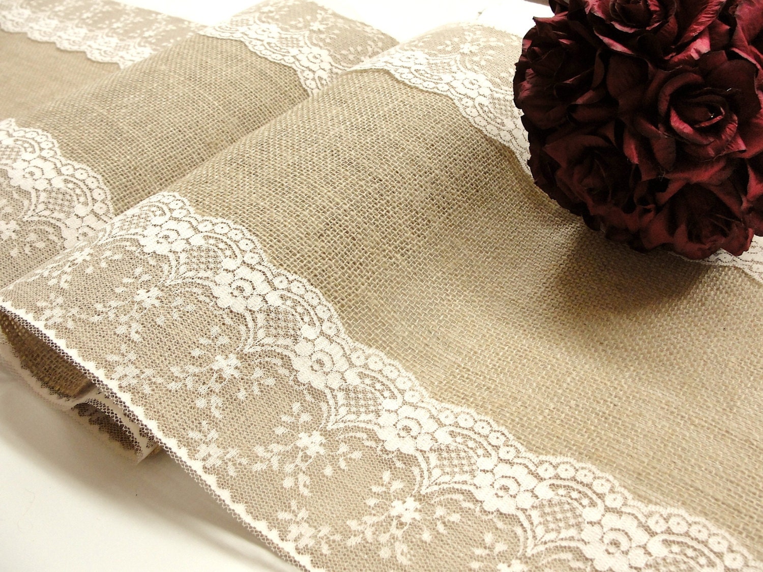 Burlap and lace table runner,country wedding table decor, Handmade in the USA