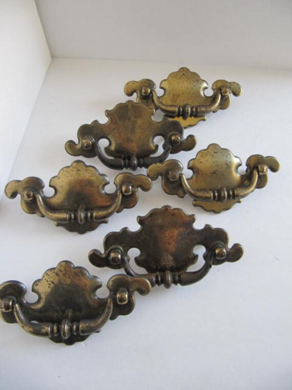 Old Brass Dresser Drawer Pulls Swing Handle 6 Lot Vintage