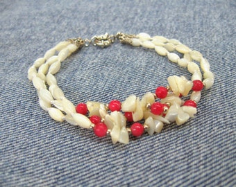 Women gift wife White pink jewelry Shell Mother of Pearl Bracelet multi strand bracelet ruby red agate shell bracelet nautical beach jewelry