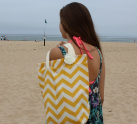 Bridesmaid Tote Bag - Yellow Chevron Bag - Beach Tote Bag