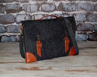 Felt Laptop bag 15 inch with pocket, sleeve, Macbook Pro 15 inch, Laptop case, dark grey felt and brown leather