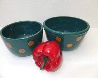 Modern Teal and Brown Large Bowl Set, Polka Dot Nesting Bowls