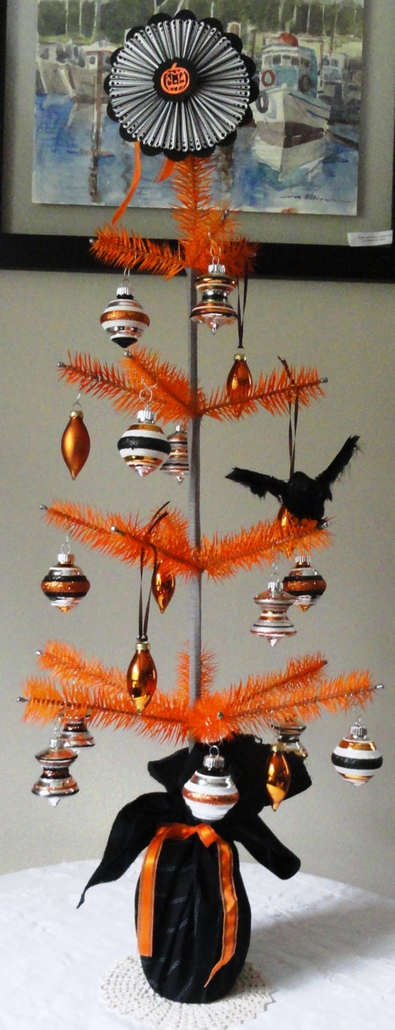 Orange and Gray Halloween Goose Feather Tabletop Tree