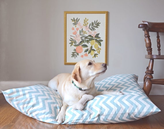 Chevron Dog Bed Cover, Sea Blue and Natural Pet Bed, Large / Extra Large Dog Bed (33x45")