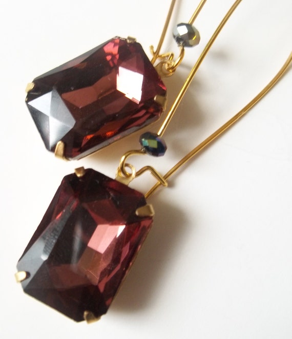 Burgundy Rhinestone Earrings Handmade Elegant Rhinestone