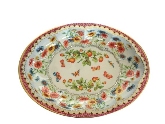 Daher butterfly serving tray vintage floral tin plate made in England