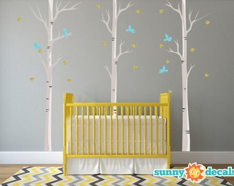 Modern Birch Trees Fabric Wall Decals with Birds and Leaves, Set of 3 Birch Trees, Reusable, Repositionable, Non Toxic, by Sunny Decals