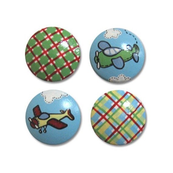 Items similar to Hand Painted Boys Airplane and Gingham Drawer Knobs