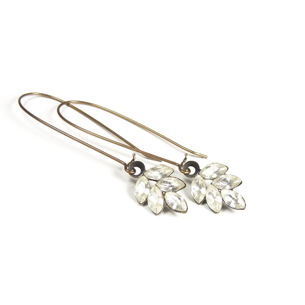 Rhinestone Leaf Earrings, Long Crystal Drop Earrings, Art Deco Style Dangle Earrings