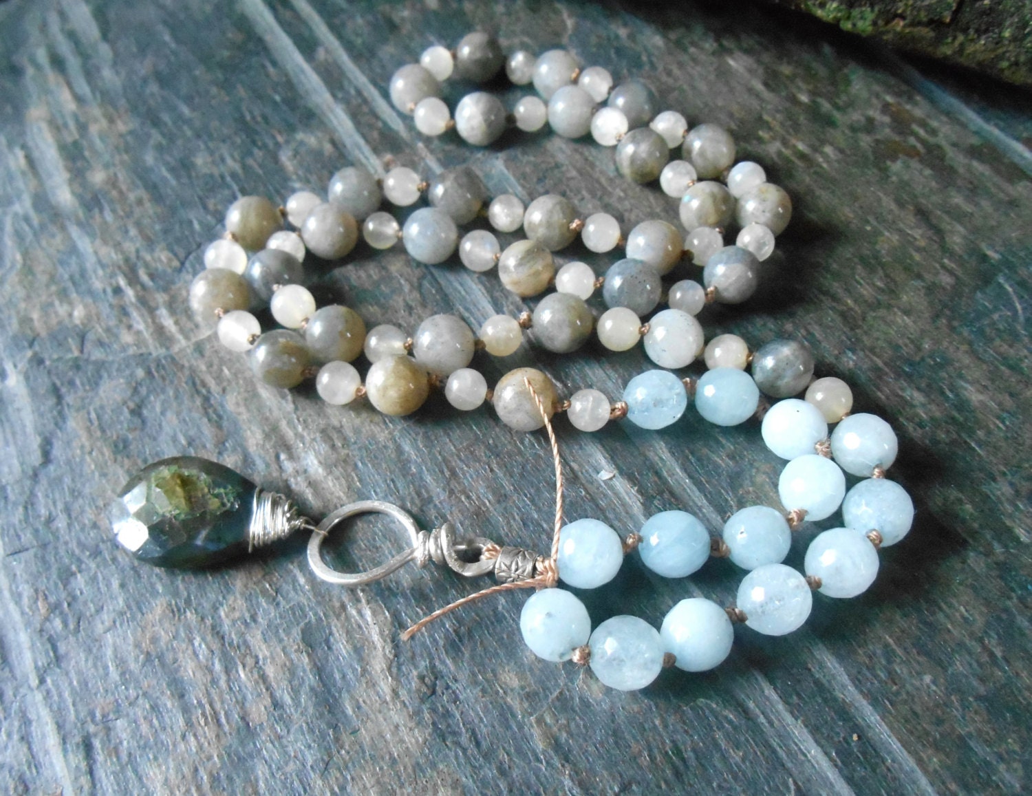 Aquamarine labradorite rainbow moonstone knotted by CrazyGemLove
