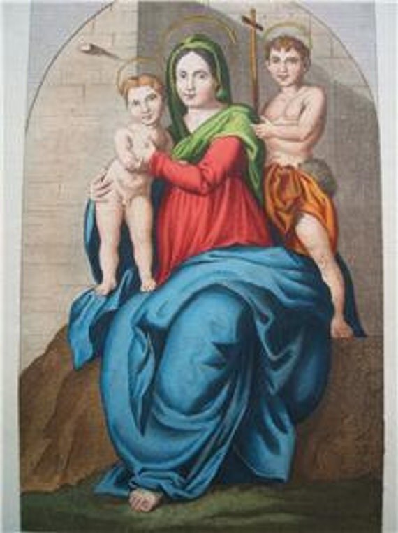 Hand Colored Italian Stipple Engraving Virgin Mary 1840