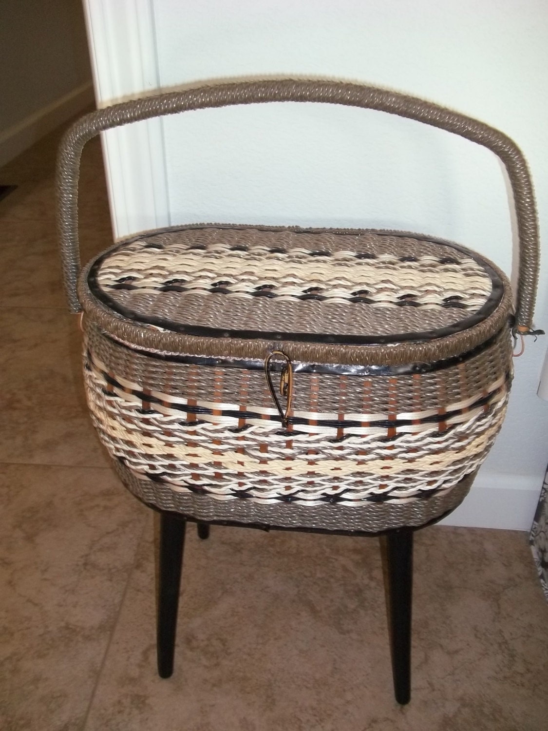 Vintage Wicker Sewing Basket with Legs Black Grey by CjsCollection
