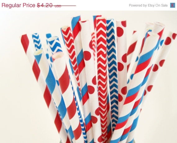 15% off - 25 Dr. Seuss Red, White and Bright Blue Paper Straw Mix - Stripe, Dot & Chevron - ships less than 24 hours Il_570xn