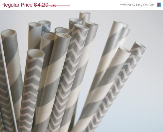 15% off - 25 Metallic Silver Grey Stripe and Chevron Paper Straw Mix - Stripe, Dot & Chevron - ships less than 24 hours Il_570xn