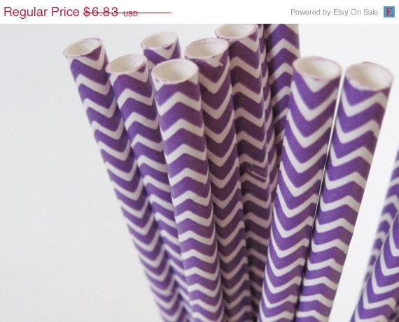 10% OFF - 50 Purple and White CHEVRON Paper Straw - ships less than 24 hours Il_570xn