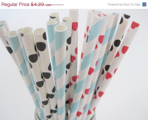 ON SALE 25 Alice in Wonderland Paper Straw Mix - Red Heart, Black Dot, light Blue Stripe - ships less than 24 hours Il_570xn