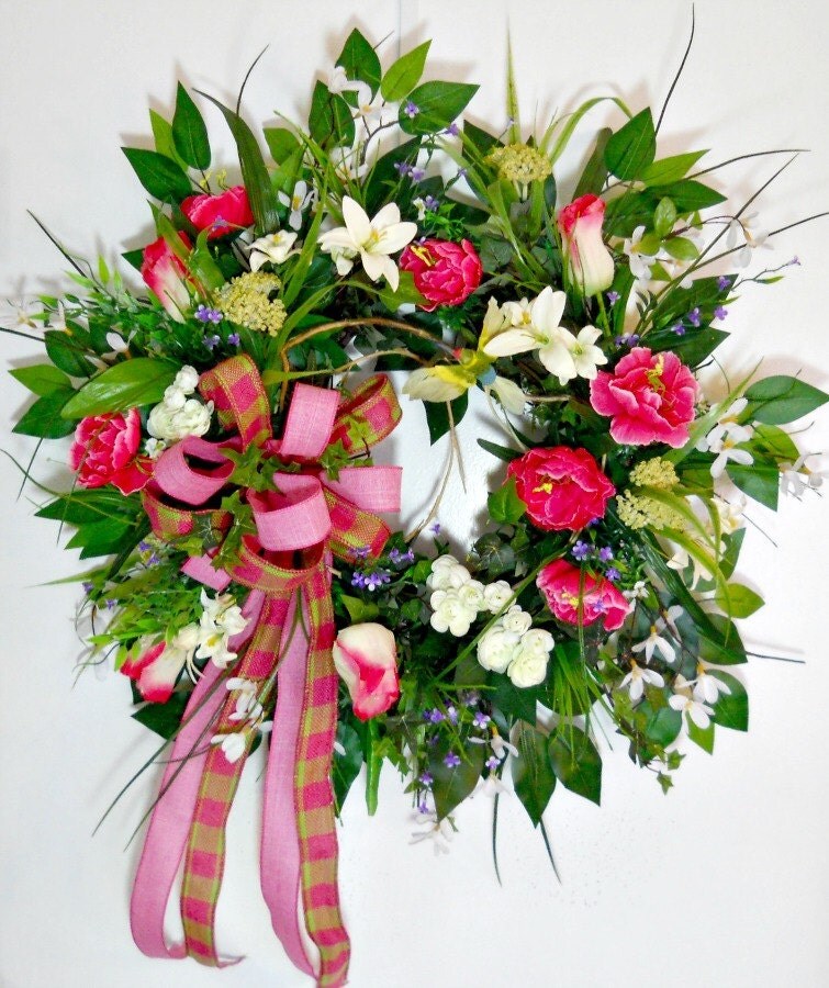 large spring and summer outdoor wreath with pink peonies and large spring and summer outdoor wreath with pink peonies and