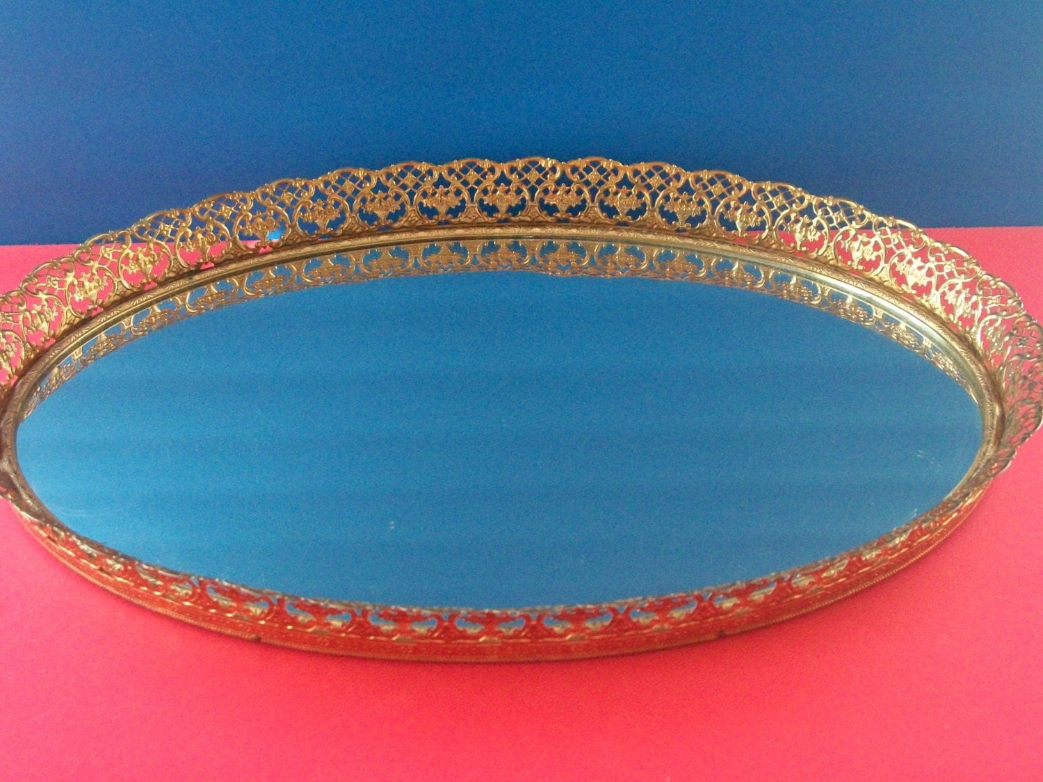 Large Vintage Oval Mirror Tray 1960's Gold Filigree Vanity