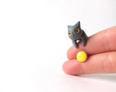 Grey cat and yellow stud earring - polymer clay jewelry - hand painted stud earrings - fake plug